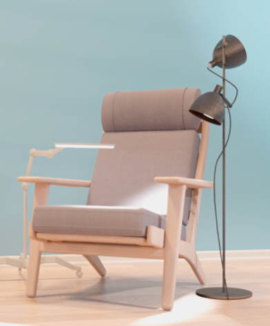 Lænestol med læselampe og gulvlampe